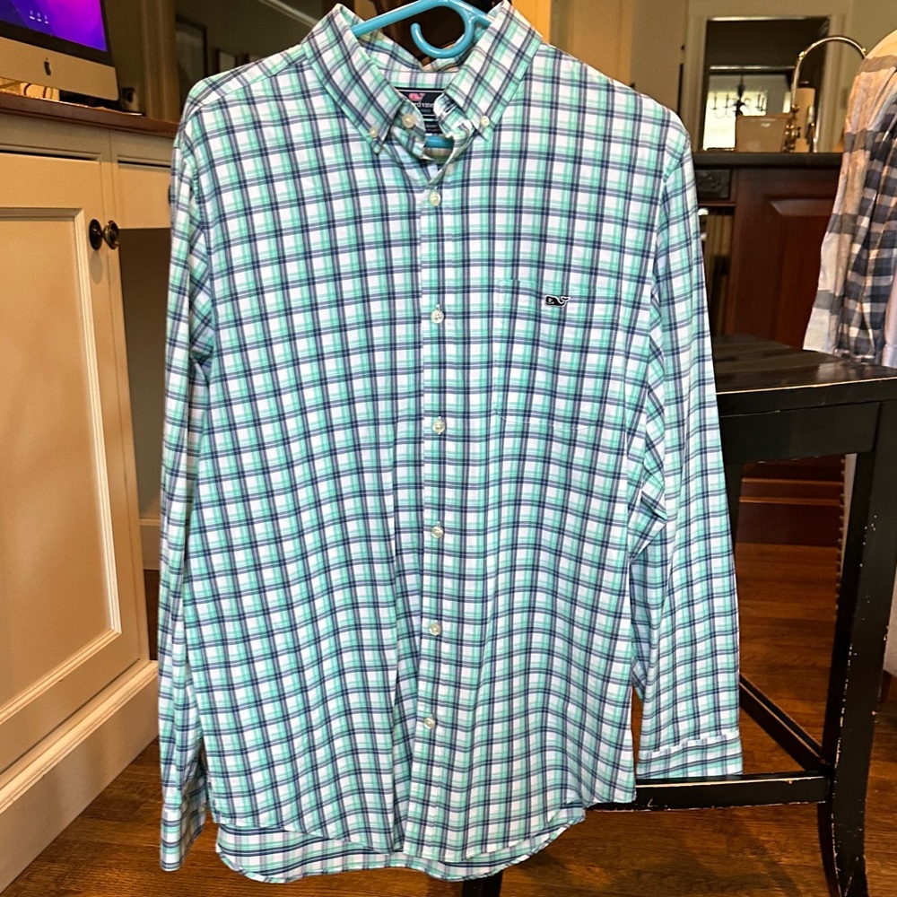 Vineyard Vines Mens Green and Blue Plaid Shirt